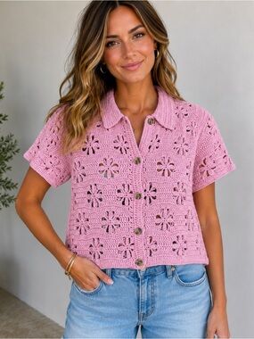 Miracle lilac Crochet Button-Front Short Sleeve Top